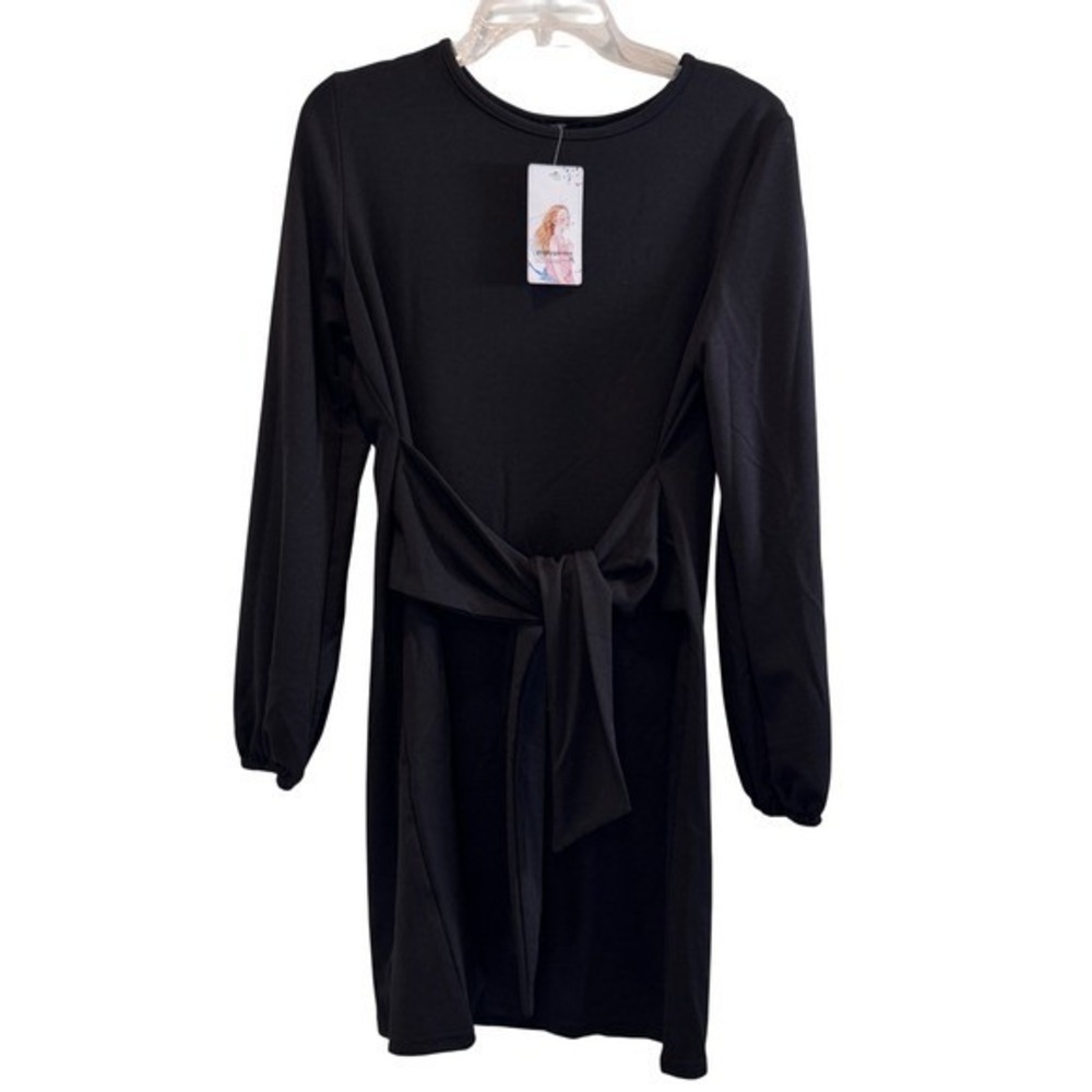 New Womens Little Black Dress Tie Waist Long Sleeve Dress Party Pretty Garden